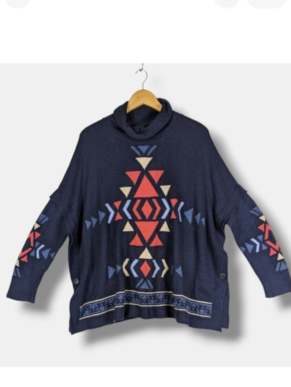 J. Jill Intarsia Funnel‎ Neck Sweater Small Dark Indigo Heather Navy Blue